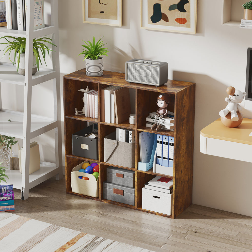 3-tier 9 Cubes Storage Unit Particle Board Cupboard Bookcase Organiser Home Office Shelves, Rustic Brown