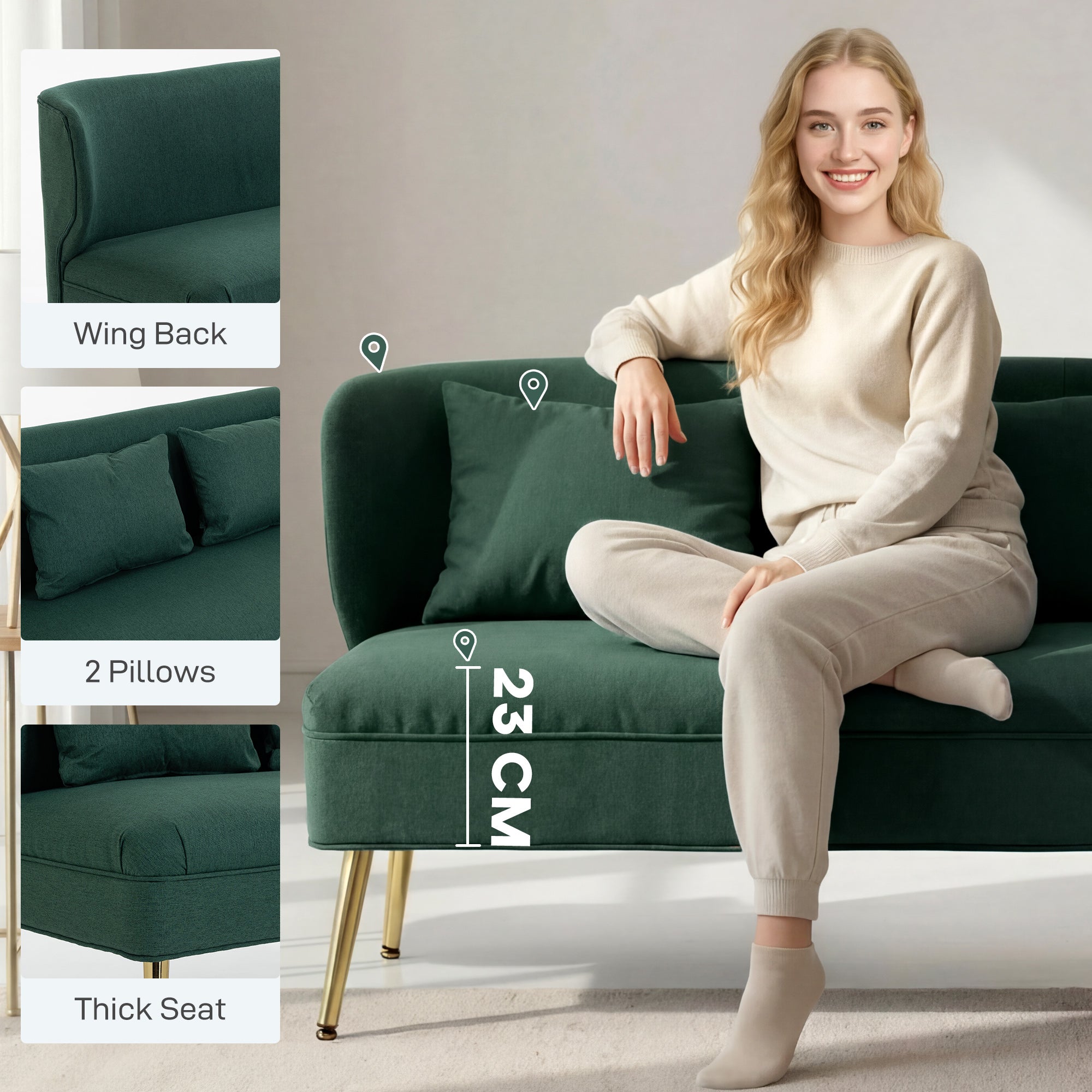 2 Seater Sofa, Linen-look Fabric Small Sofa with Wing Back, Thick Seat, Metal Legs, Dark Green