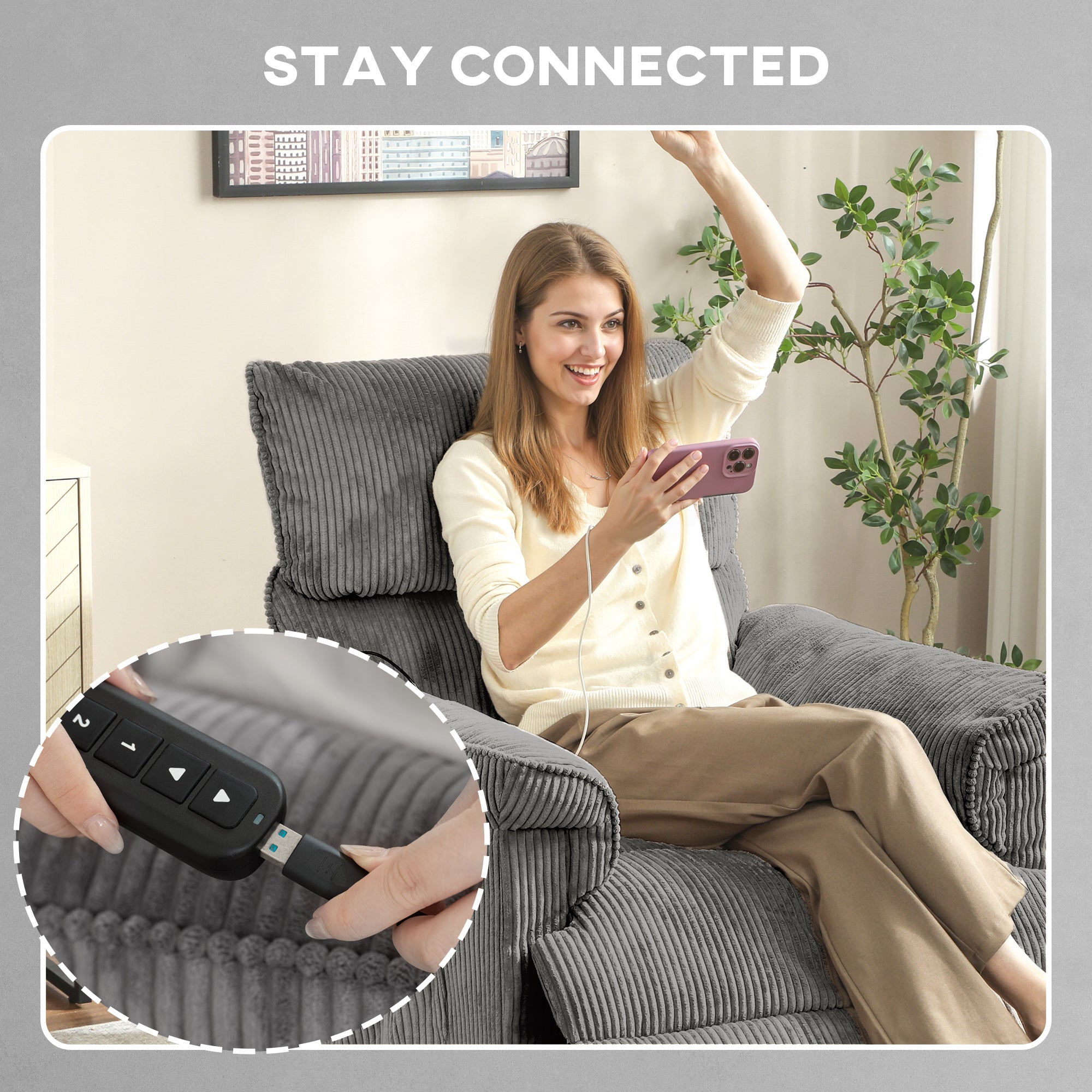 Corduroy Electric Massage Recliner - Grey
