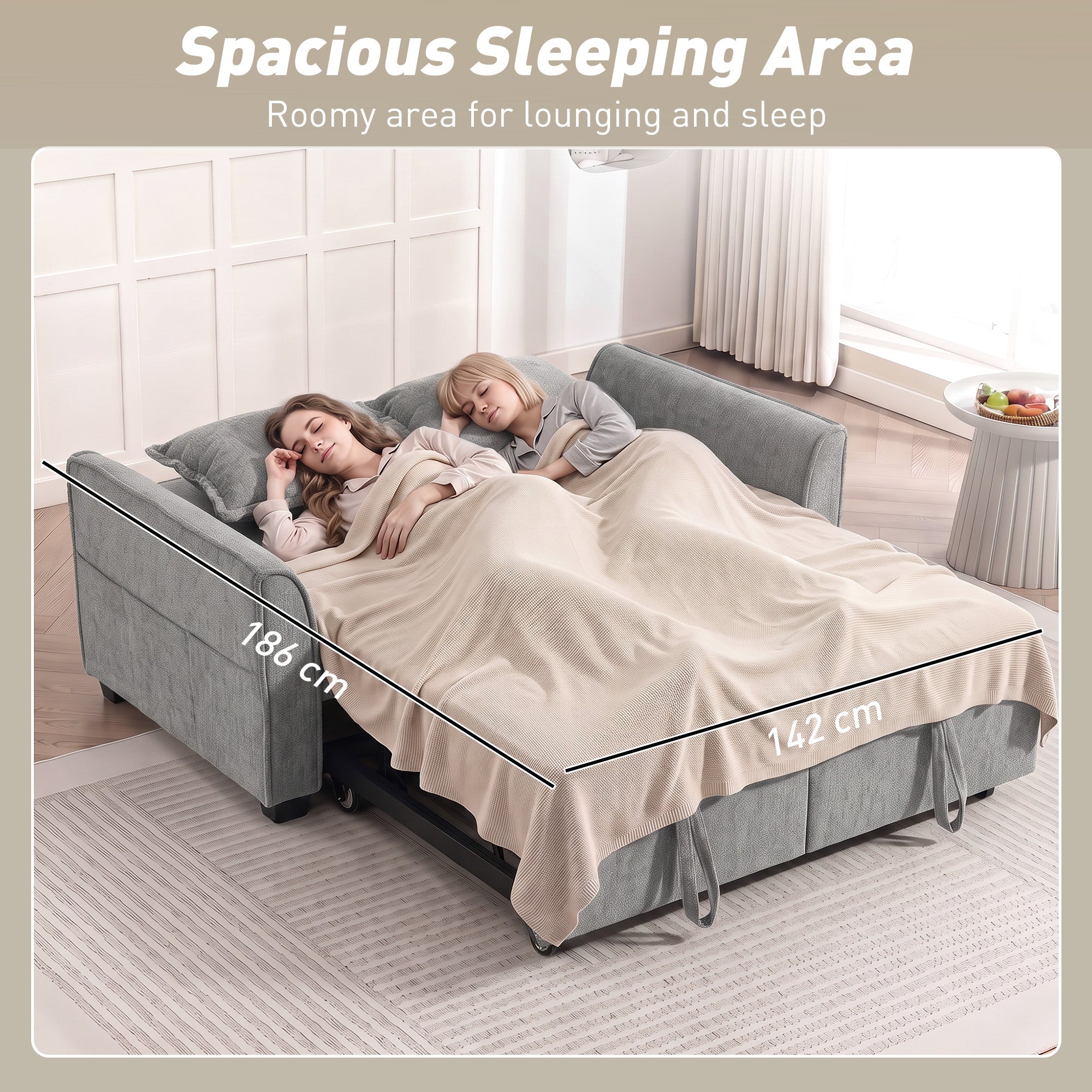 2 Seater Sofa Bed, 4-in-1 L-Shaped Convertible Pull-Out Sleeper Sofa with Adjustable Backrest and Side Pockets, Grey