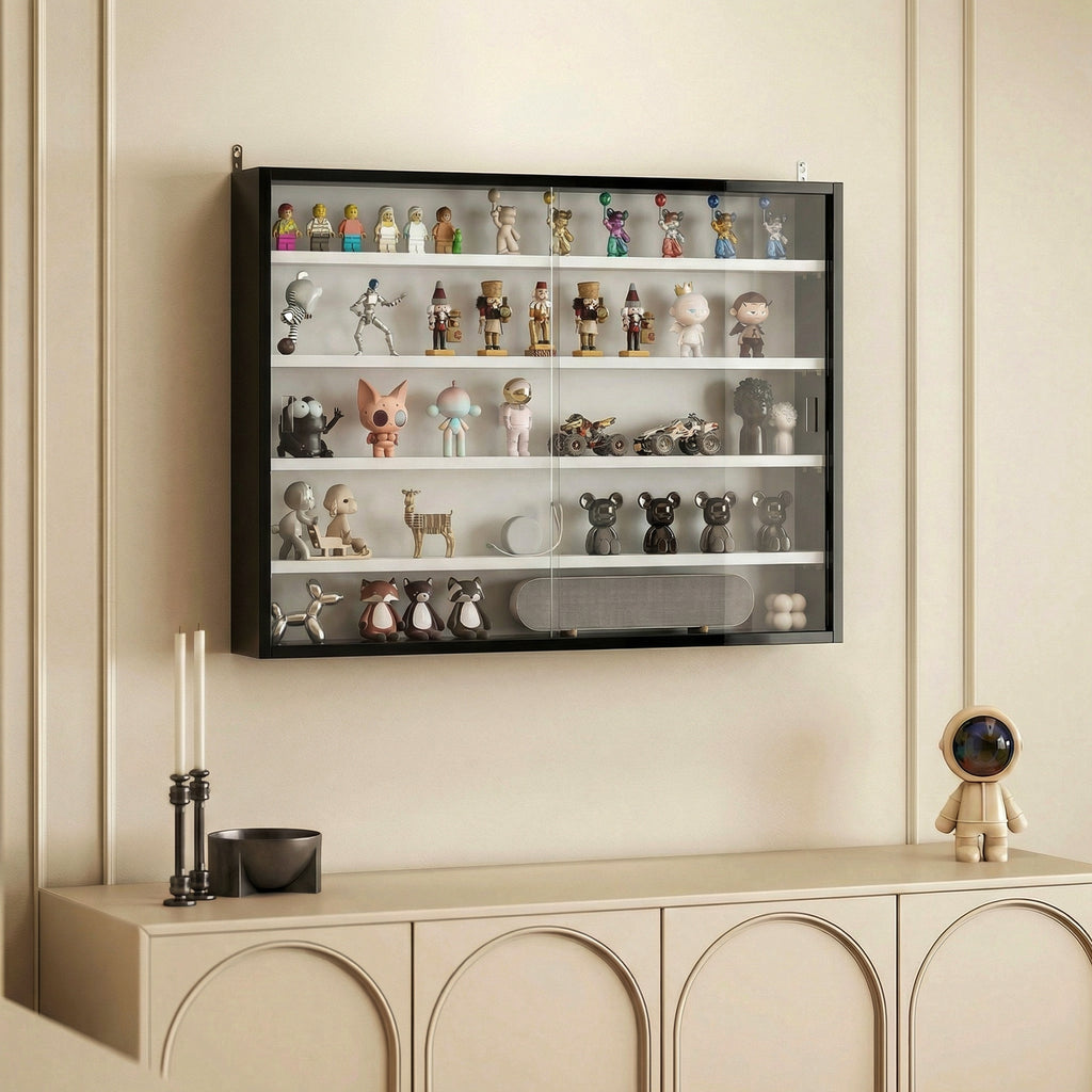 5-Tier Wall Display Cabinet,  Wall Mounted Display Case w/ 4 Adjustable Shelves, Glass Doors, 60x80cm, Black and White