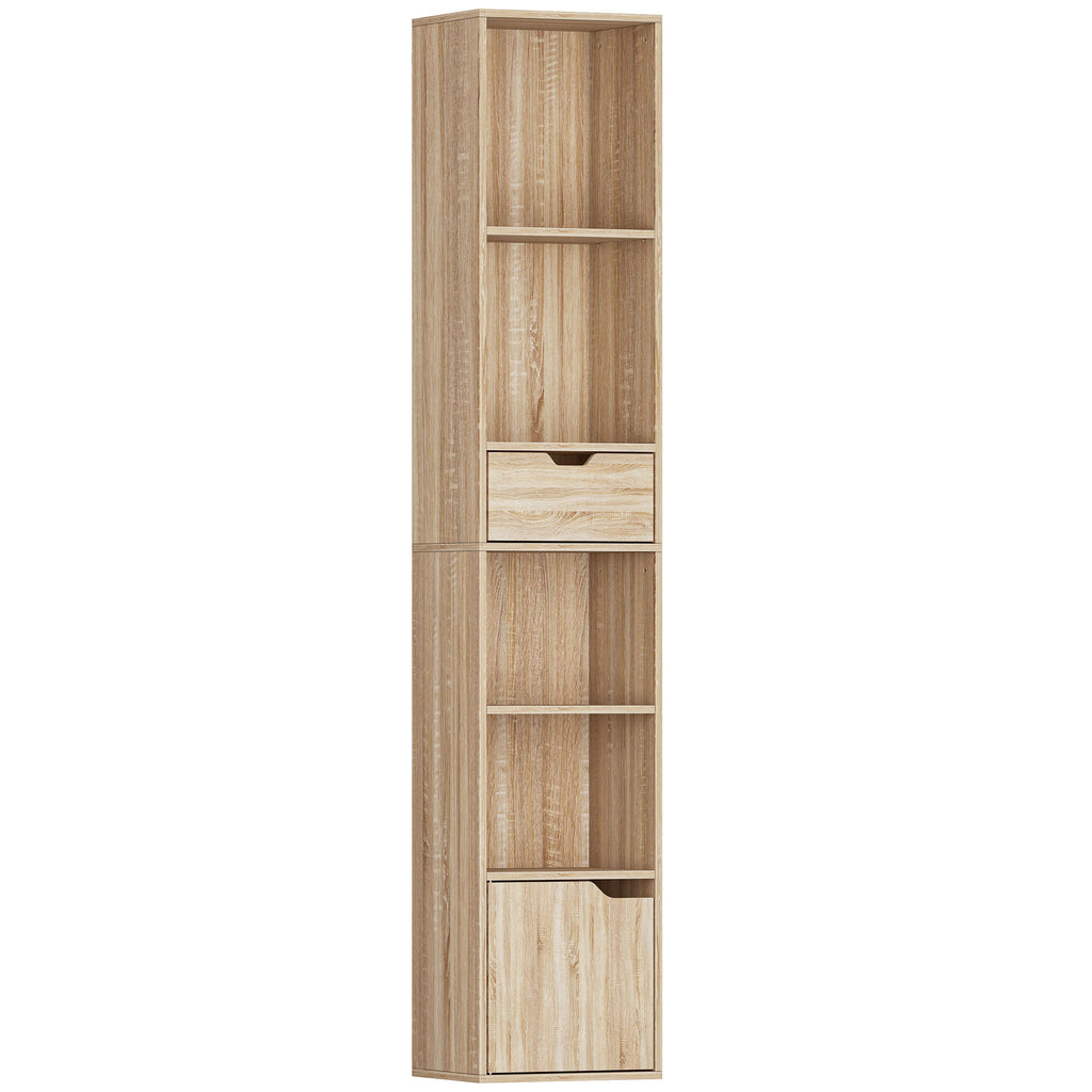 6-Tier Bookcase, Tall Narrow Bookshelf with Drawer and Door - Natural Wood Finish
