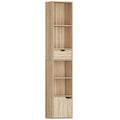 6-Tier Bookcase, Tall Narrow Bookshelf with Drawer and Door - Natural Wood Finish