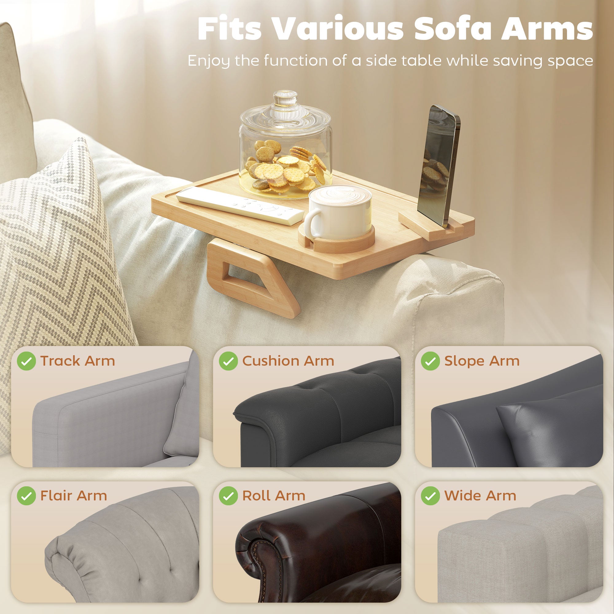 Anti-Slip Sofa Armrest Tray, Bamboo Sofa Arm Tray with 360Â° Phone Holder and Removable Cup Holder, Natural