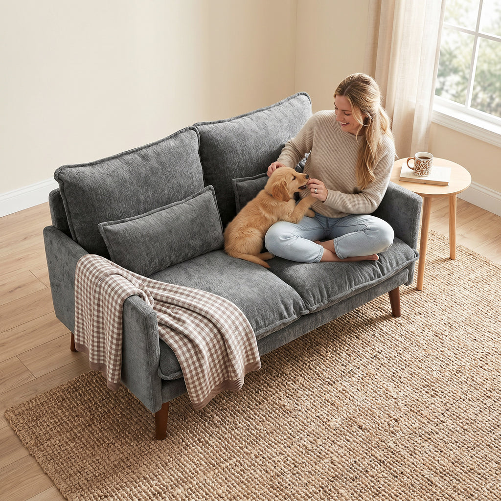 2 Seater Sofa, Loveseat Sofa with Spring Cushions, Wide and Deep Seat, Wood Legs, Grey