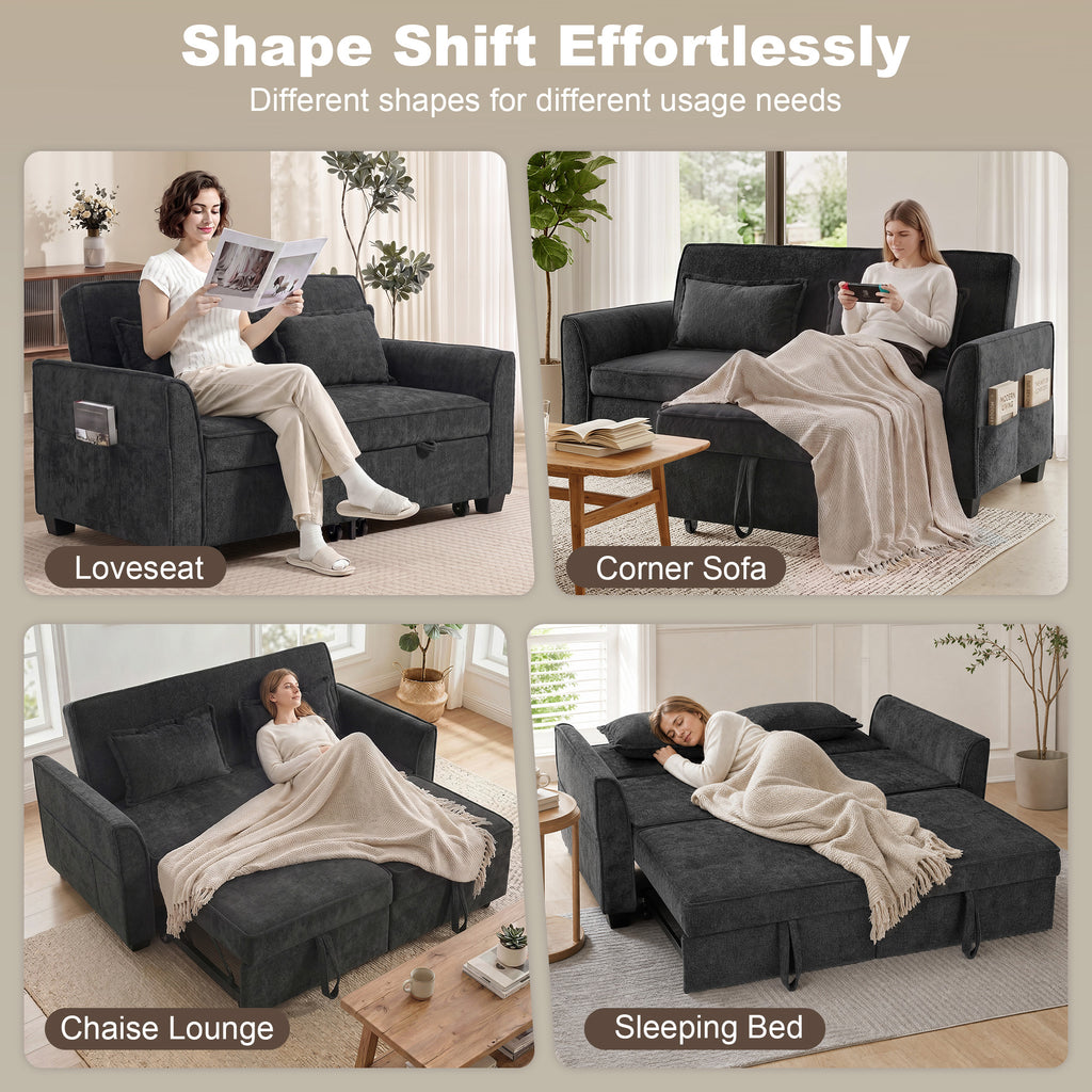 2 Seater Sofa Bed, 4-in-1 L-Shaped Convertible Pull-Out Sleeper Sofa with Adjustable Backrest and Side Pockets, Black