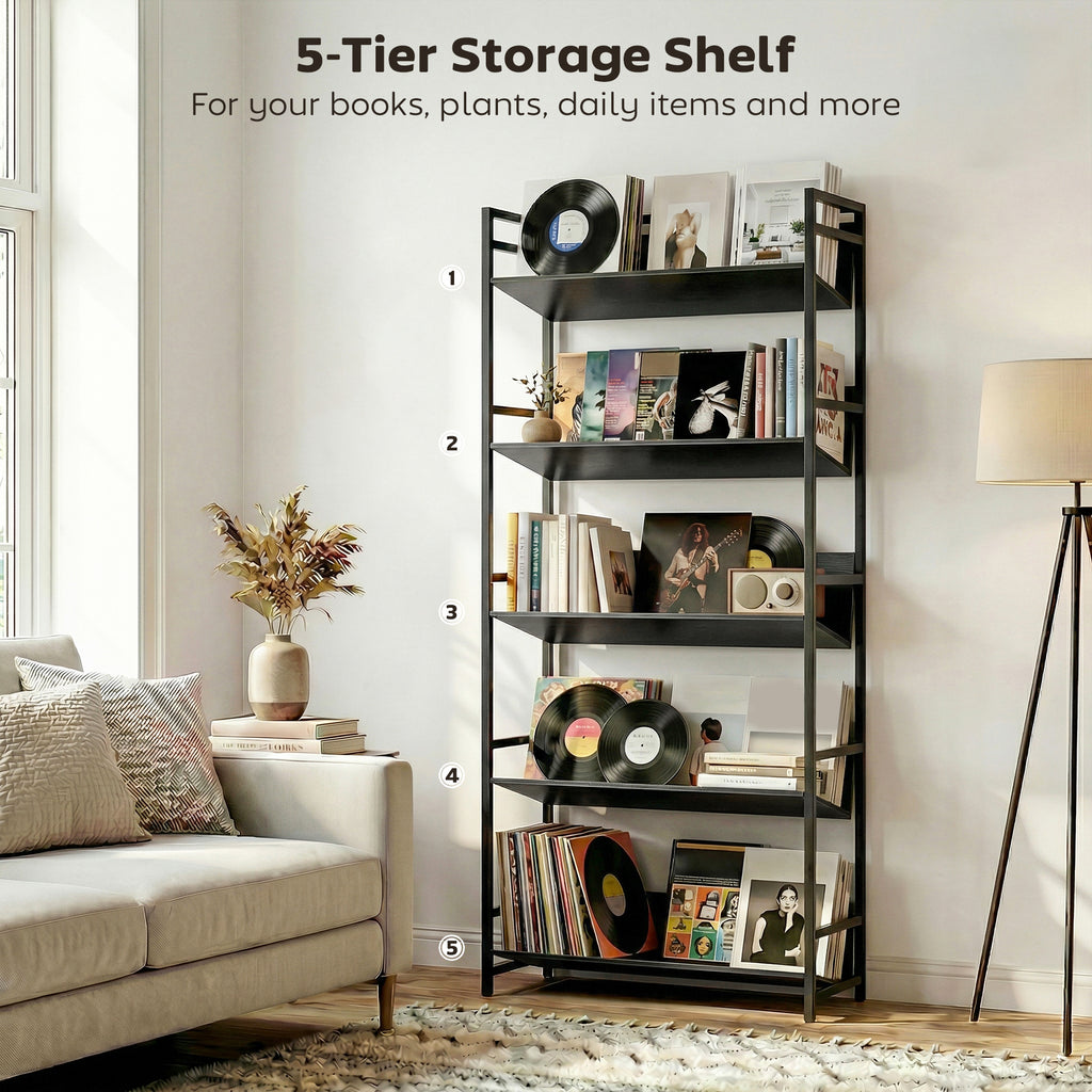 Bookshelf 5-Tier Metal Frame Bookcase Storage Shelves for Living Room Black