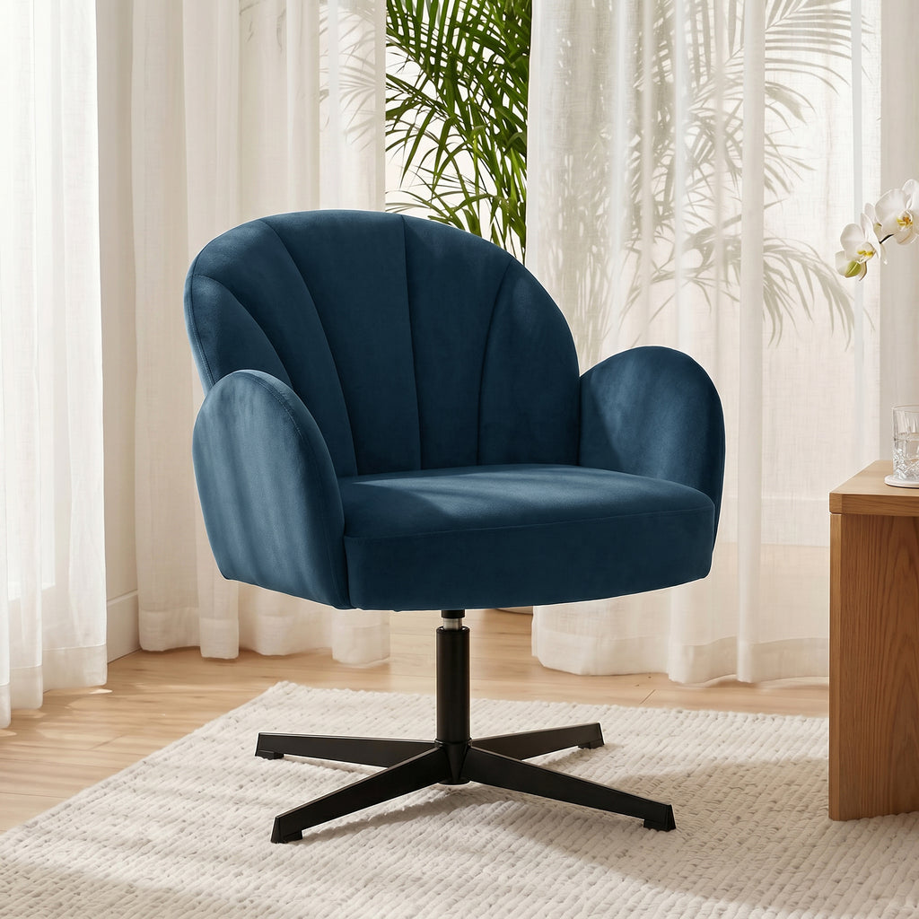 Swivel Accent Chair, Shell-Shaped Armchair with Spring Cushion, Metal Base, Dark Blue