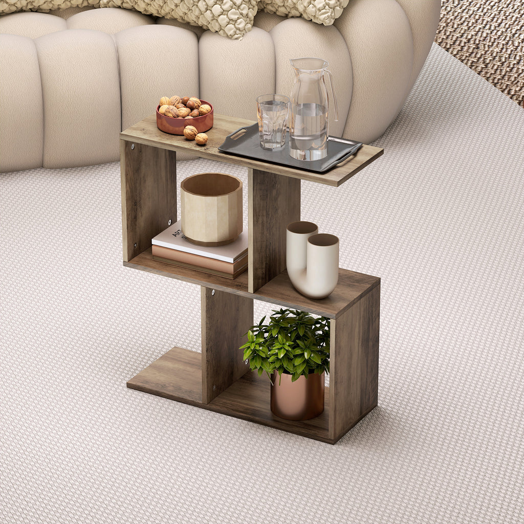 Side Table, Narrow End Table with Storage Shelves, S-Shaped, 3-Tier, 50W x 19.5D x 58H cm, Oak