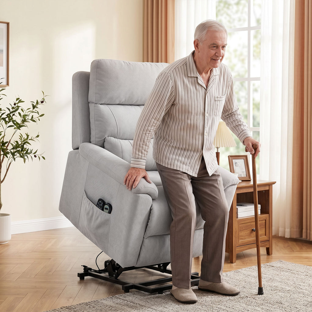 Power lift recliner chair with Massage and Heat, Terry Cloth Electric Lift Chair with Spring Cushion, Light Grey