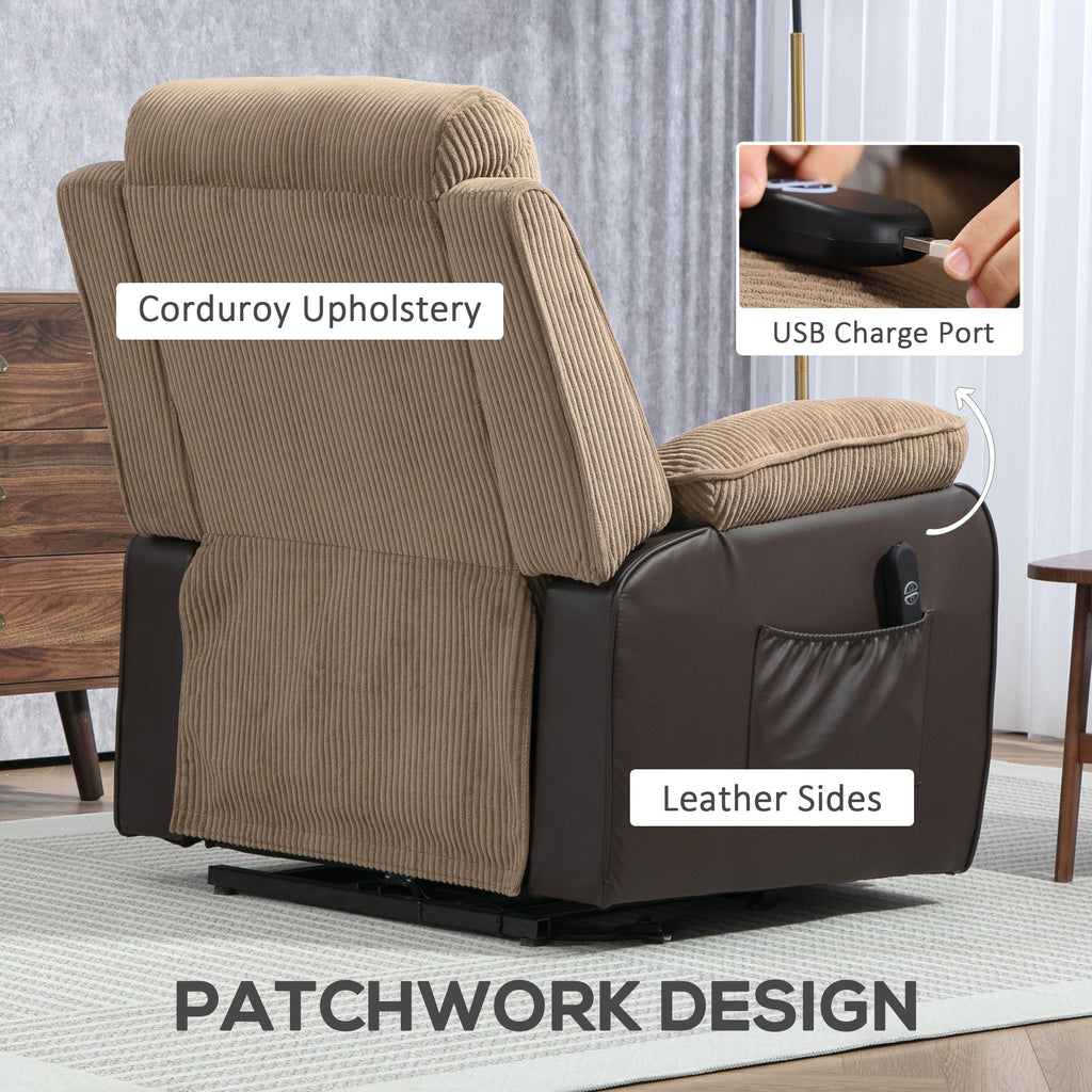 HOMCOM Overstuffed Corduroy Electric Lift Recliner Chair - Brown