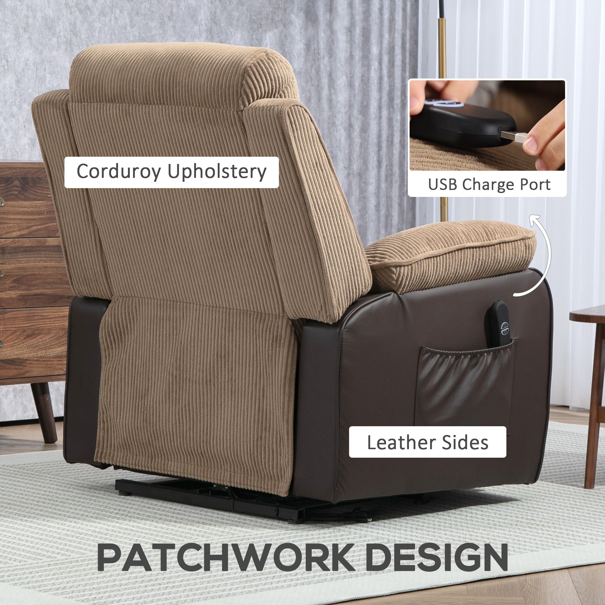 HOMCOM Overstuffed Corduroy Electric Lift Recliner Chair - Brown
