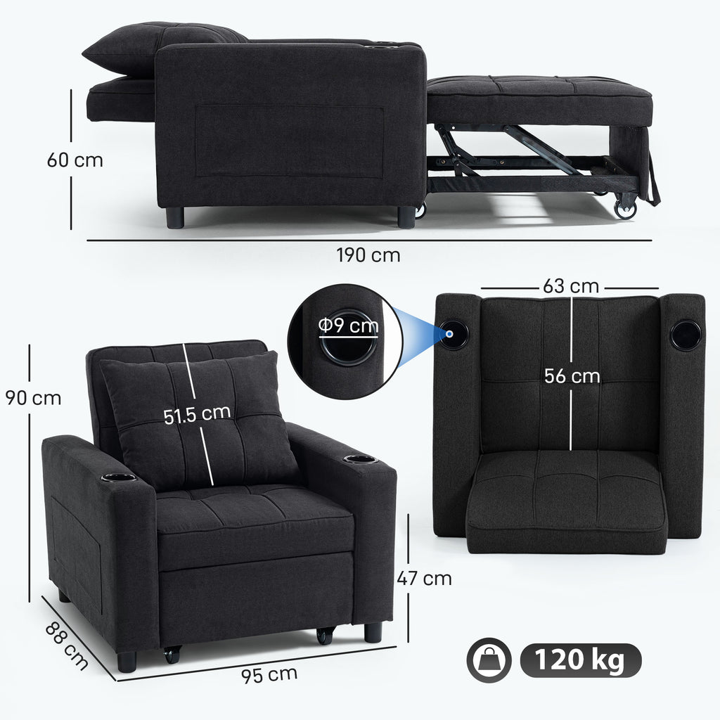 3-in-1 Single Sofa Bed, Convertible Sleeper Chair Bed - Black