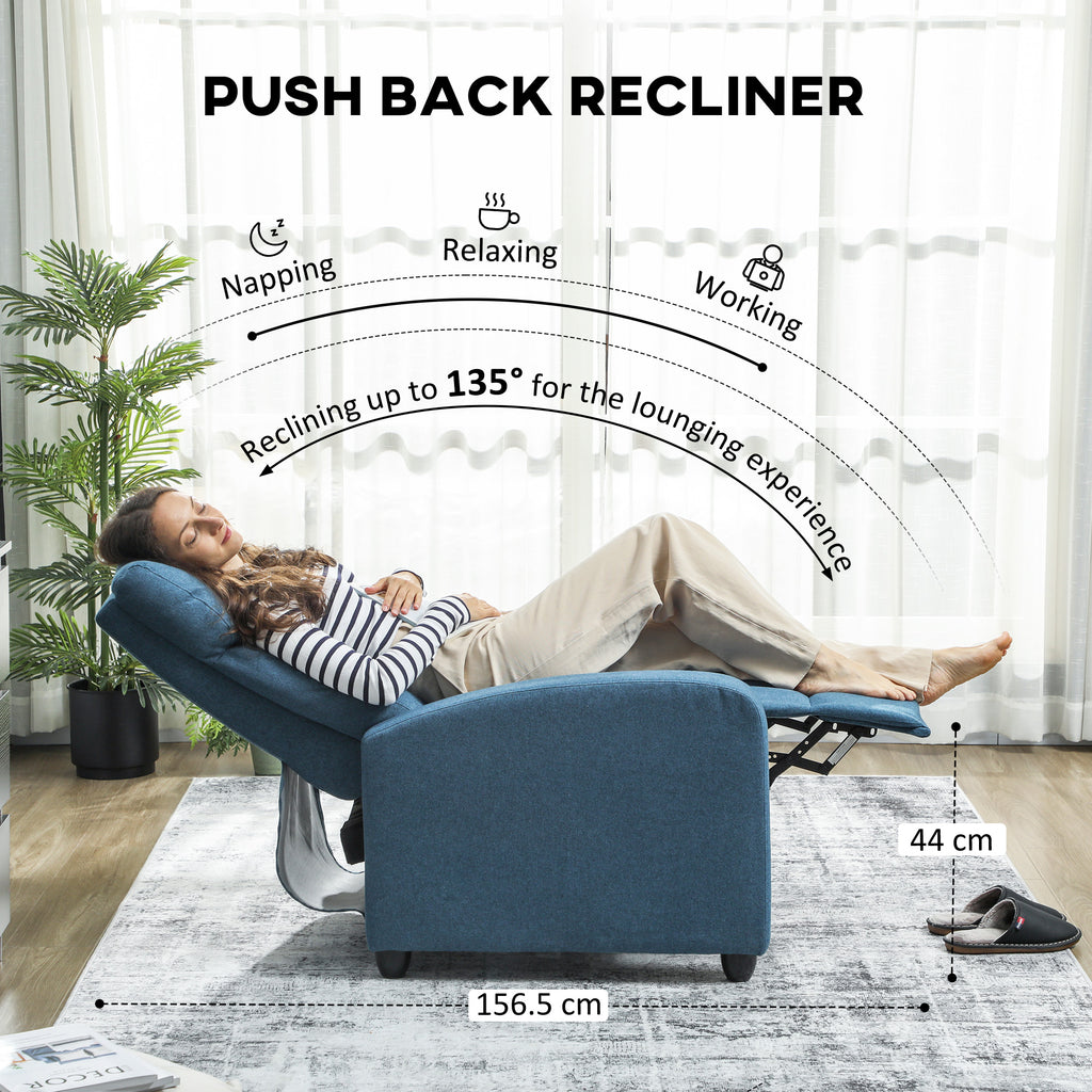 135Â° Push Back Recliner Armchair, with Footrest - Blue