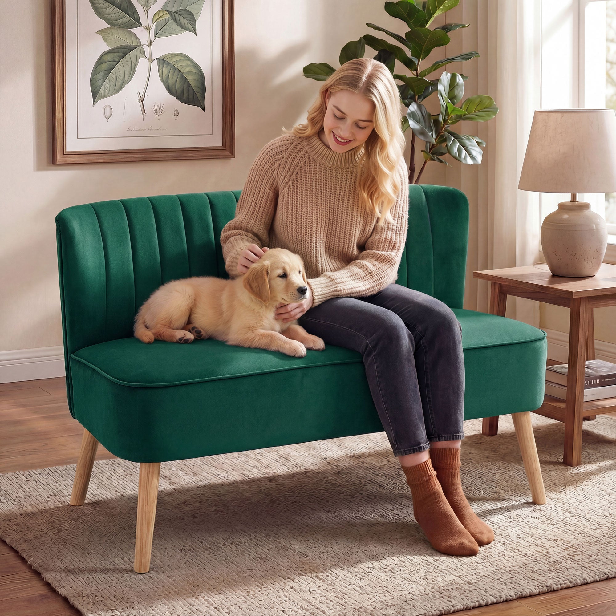 117cm Loveseat Sofa Upholstered Small 2 Seater Sofa  with Thick Padded Seat and Rubber Wood Legs, Dark Green