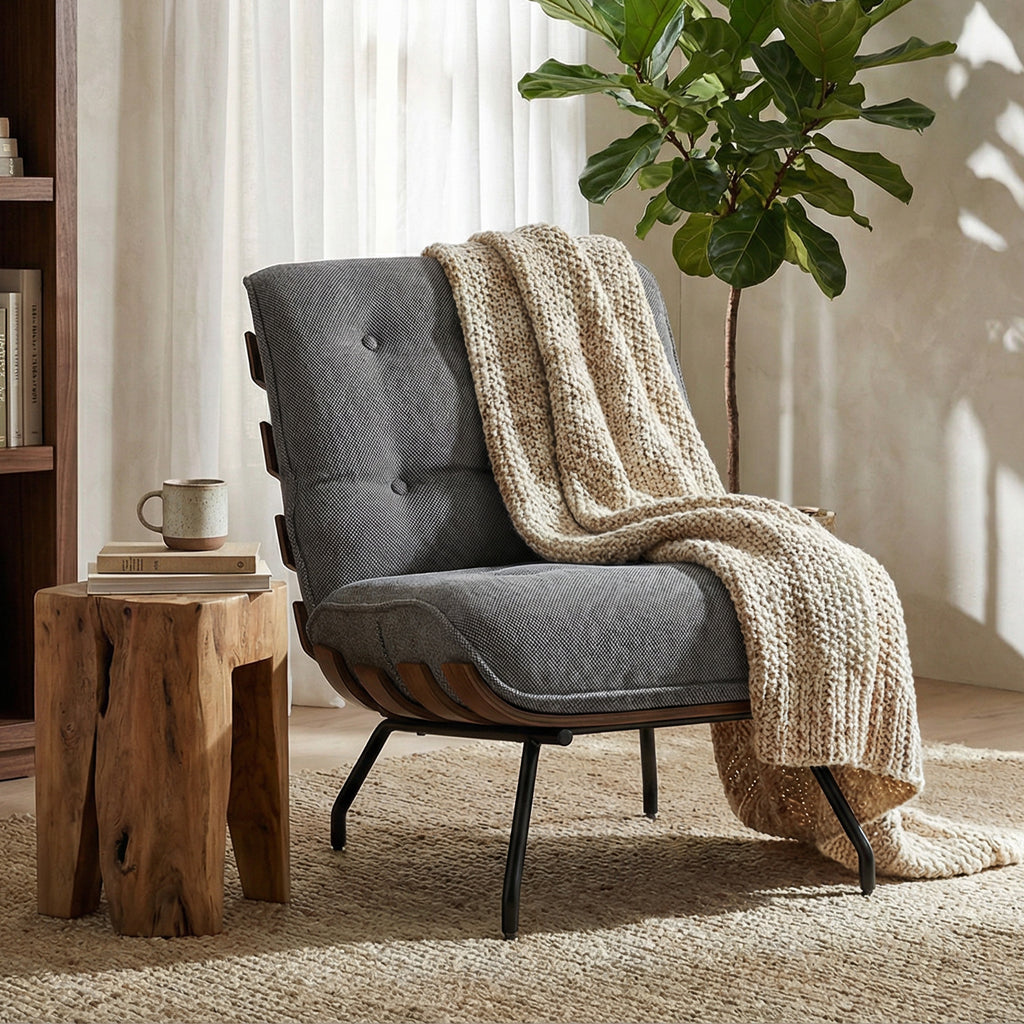 Accent Chair, Linen-look Fabric Reading Chair with Spring Cushion, Slatted Support, Steel Frame, Dark Grey