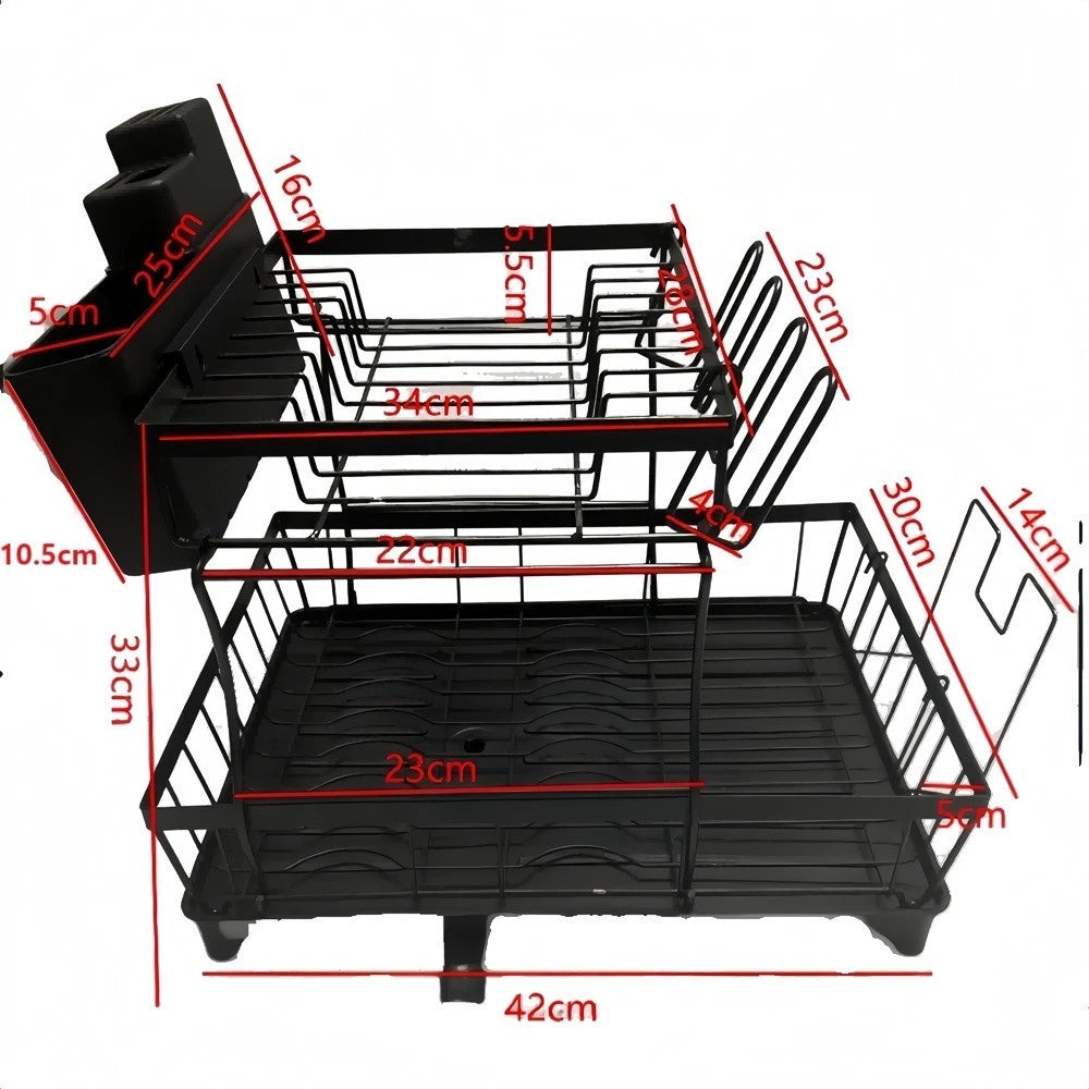 Black dish rack with measurements on a white background