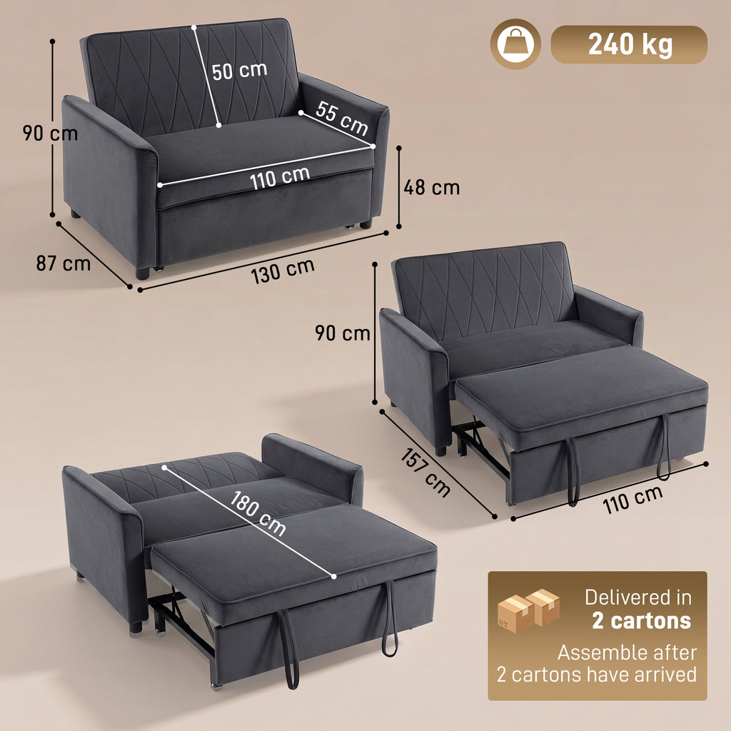 2 Seater Sofa Bed, 3-in-1 Convertible Pull Out Sleeper Sofa with Click-Clack Adjustable Backrest, Dark Grey