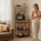Freestanding Shelving Unit, Industrial Storage Shelf with 6 Hooks and Wine Rack for Living Room, Home Office, Black