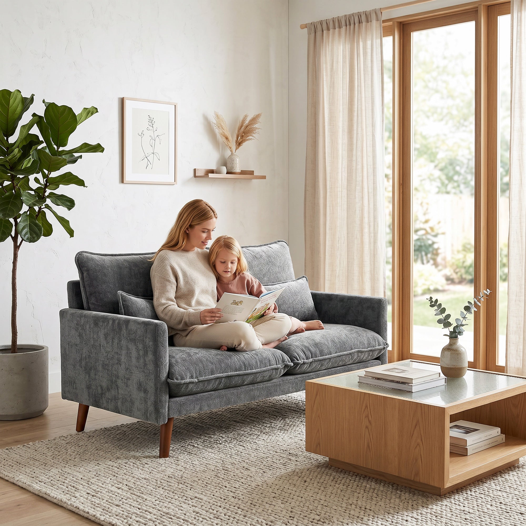2 Seater Sofa, Loveseat Sofa with Spring Cushions, Wide and Deep Seat, Wood Legs, Grey