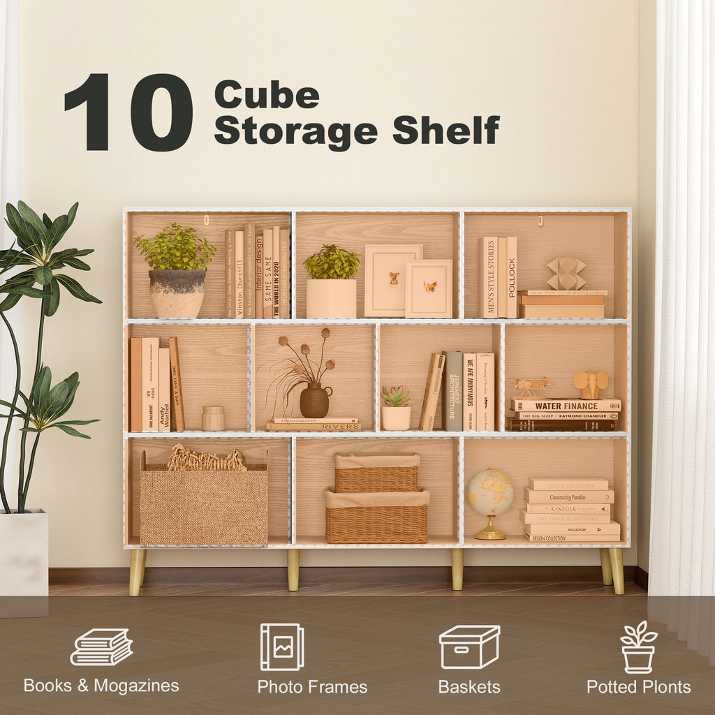 10-Cube Bookcase, 3-Tier Book Shelf with Solid Wood Legs, 140 cm Modern Bookshelf with Anti-Tip Kit for Bedroom, White