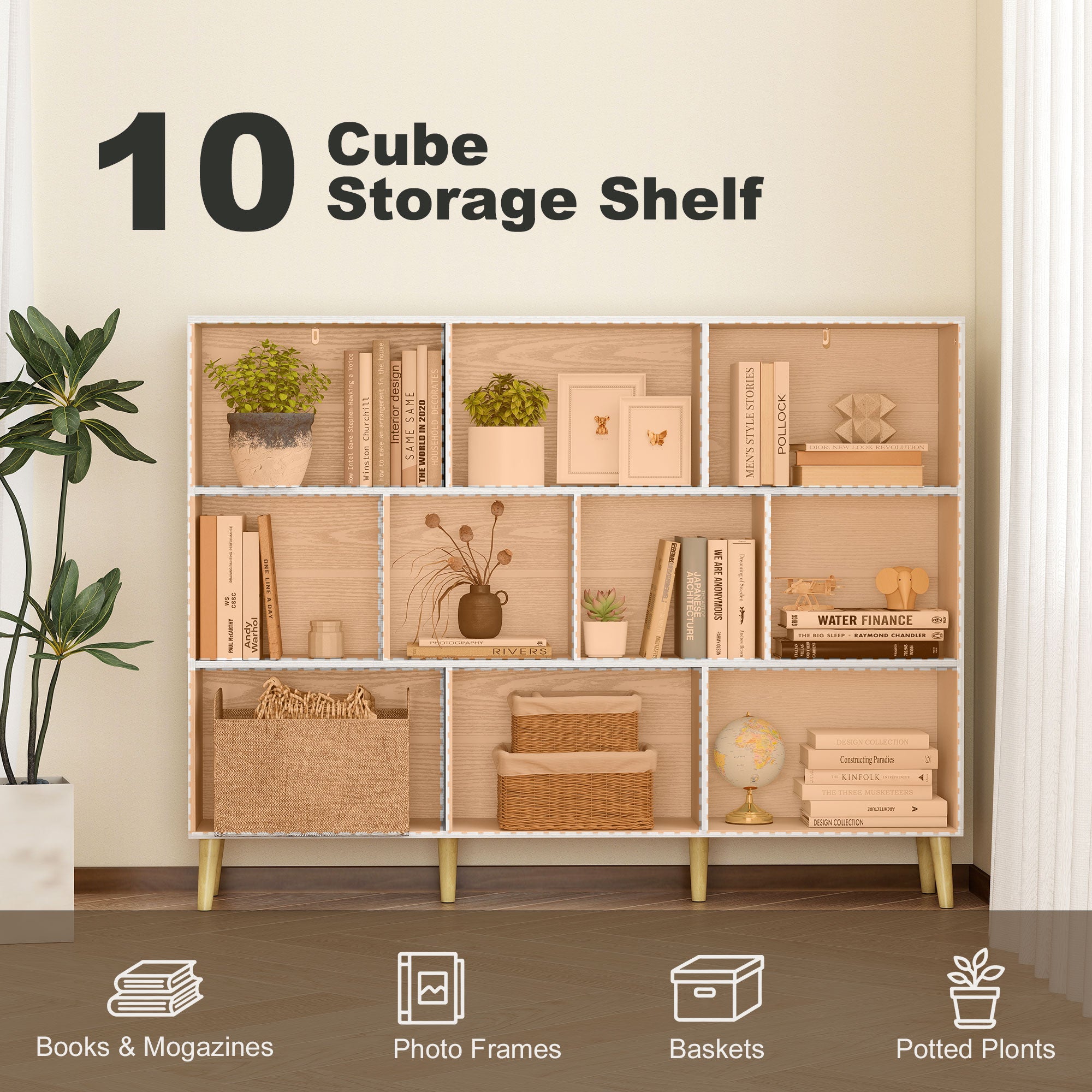 10-Cube Bookcase, 3-Tier Book Shelf with Solid Wood Legs, 140 cm Modern Bookshelf with Anti-Tip Kit for Bedroom, White
