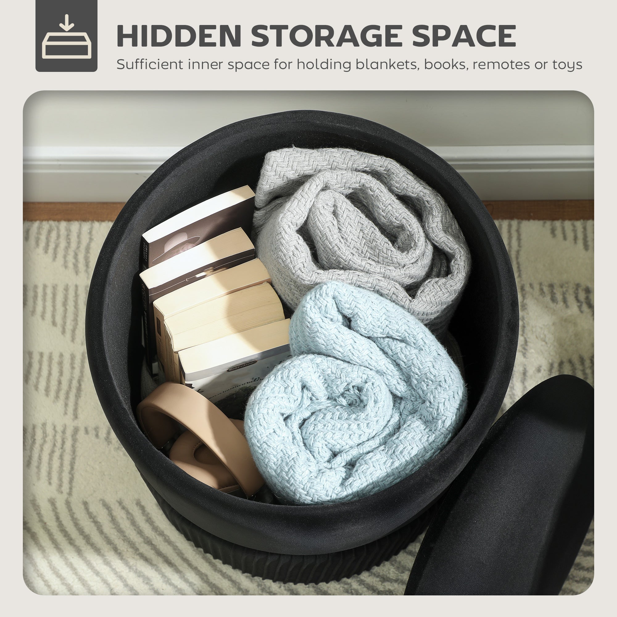 Velvet-Feel Storage Ottoman - Black
