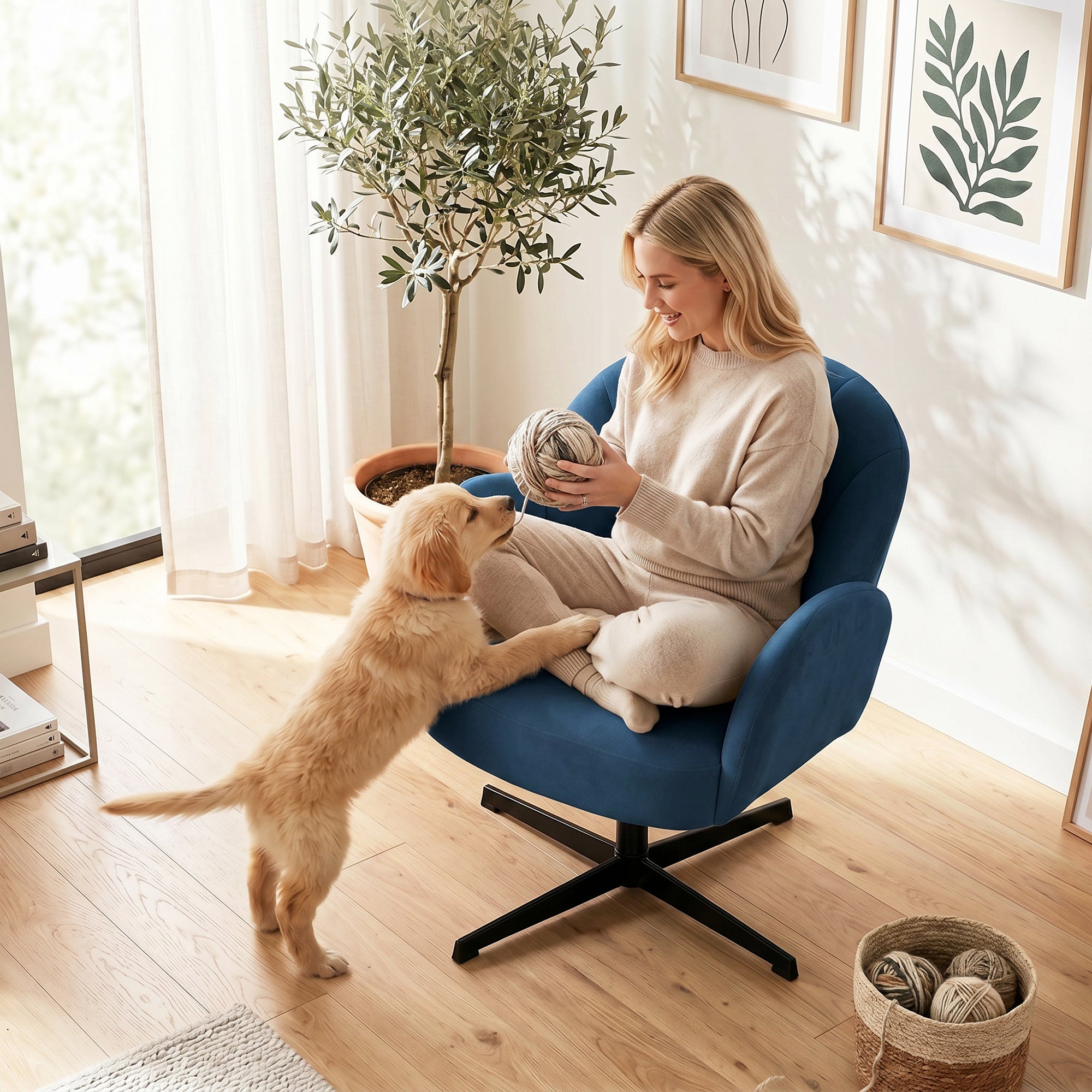 Swivel Accent Chair, Shell-Shaped Armchair with Spring Cushion, Metal Base, Dark Blue