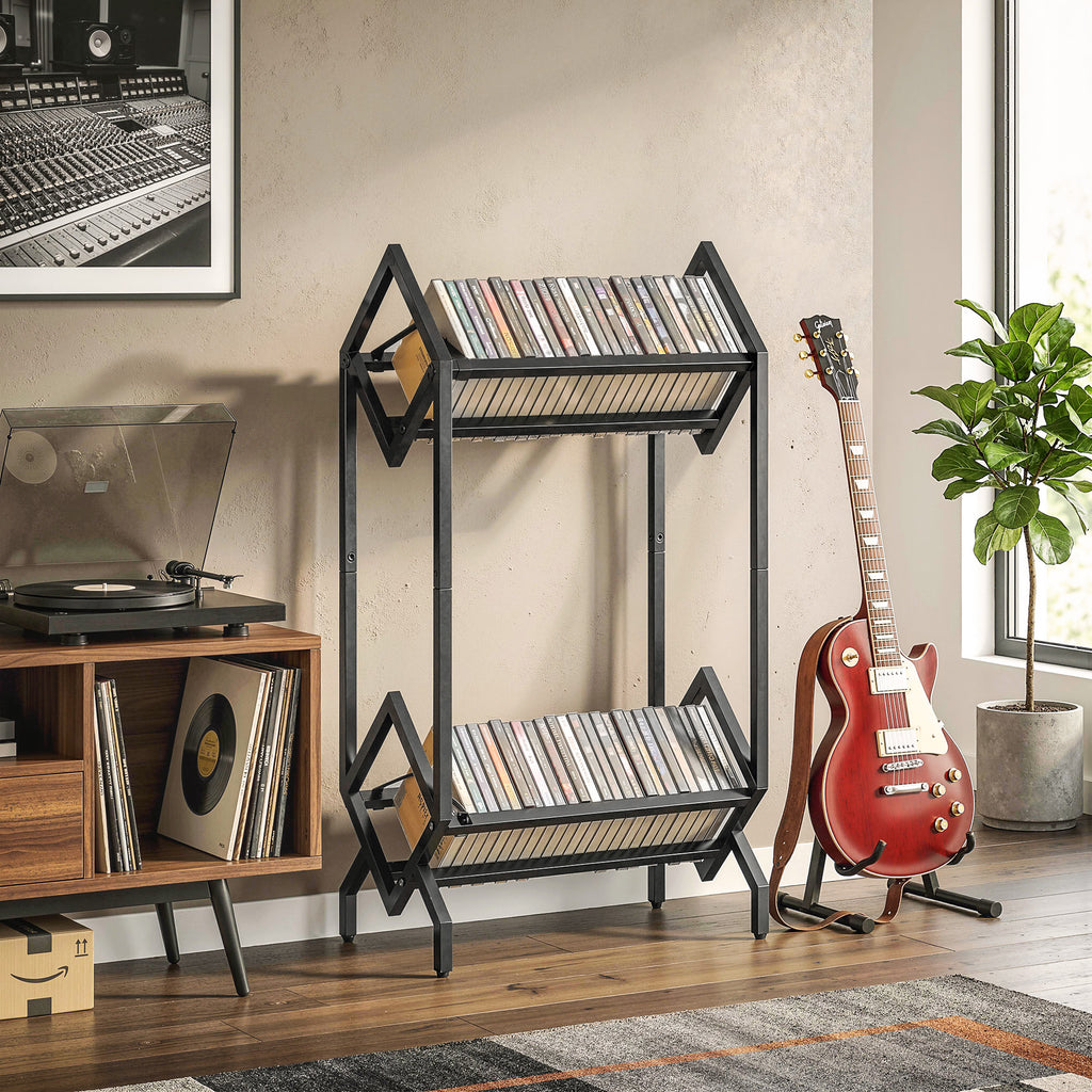 50 CD Storage Rack, 2-Tier Metal CD Storage Unit, Free Standing, Easy to Assemble, Black