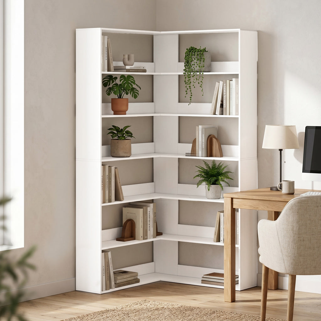 7 Tiers Bookshelf, L-Shaped Corner Bookcase with Anti-Slip Rear Guard, White Wood Effect