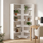 7 Tiers Bookshelf, L-Shaped Corner Bookcase with Anti-Slip Rear Guard, White Wood Effect