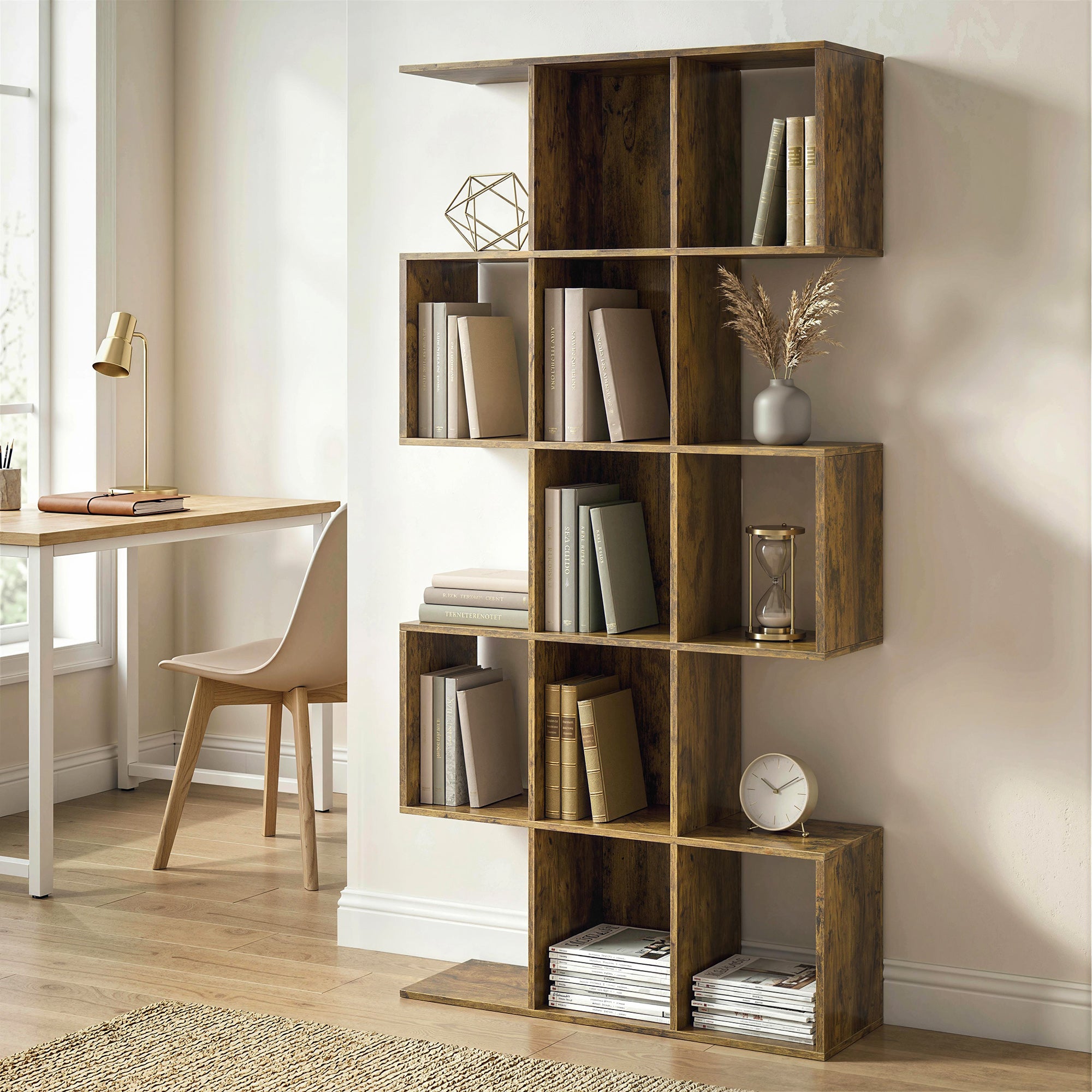 5-Tier Bookshelf, S Shaped Geometric Bookcase with 15 Compartments, Rustic Brown