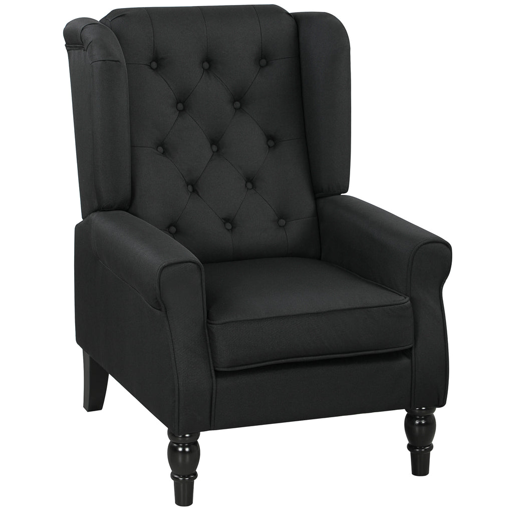 Wingback Accent Chair, Faux Linen Armchair with Thick Spring Cushion, High Back, Solid Wood Legs, Retro Button Tufted Reading Chair for Living Room, Bedroom, Black