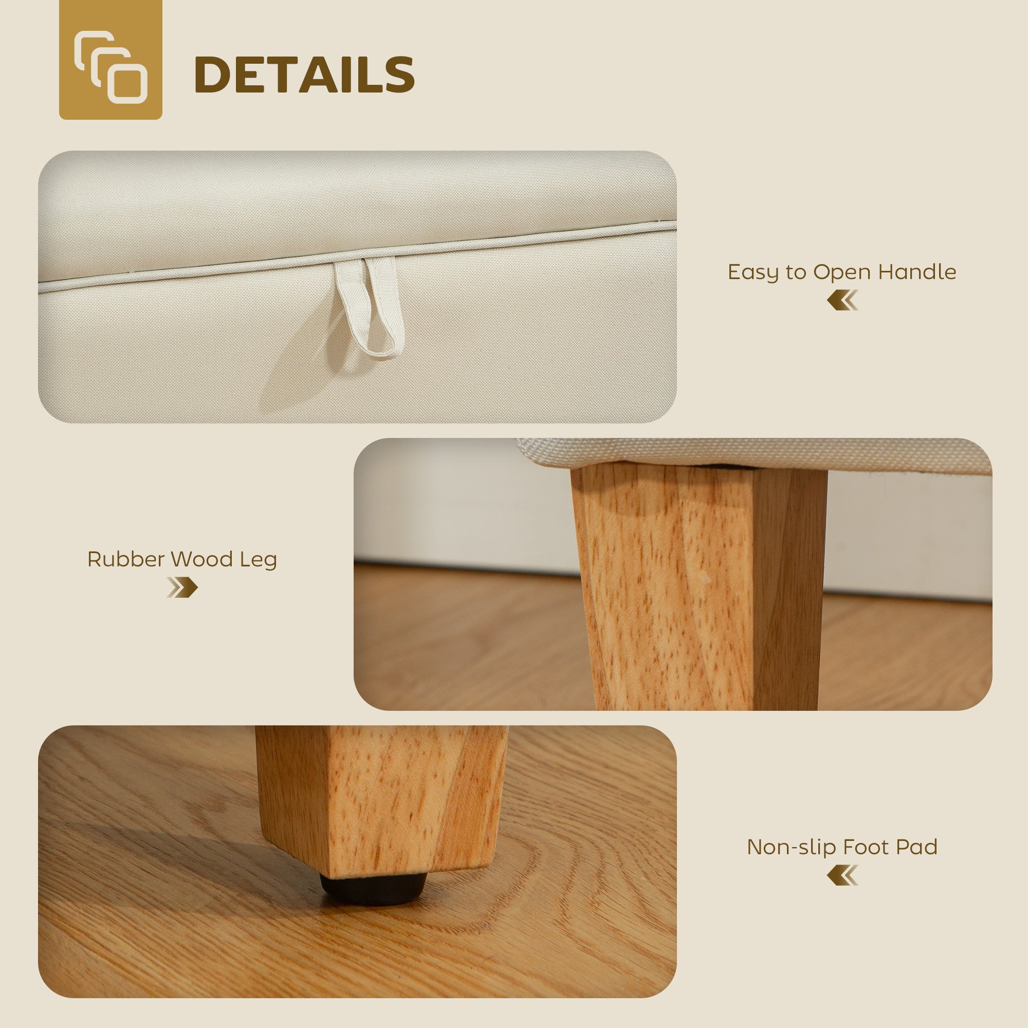 30L Linen Storage Ottoman Padded Footstool with Rubberwood Legs for Storage Box, Bed End, Shoe Bench, Seating, Beige