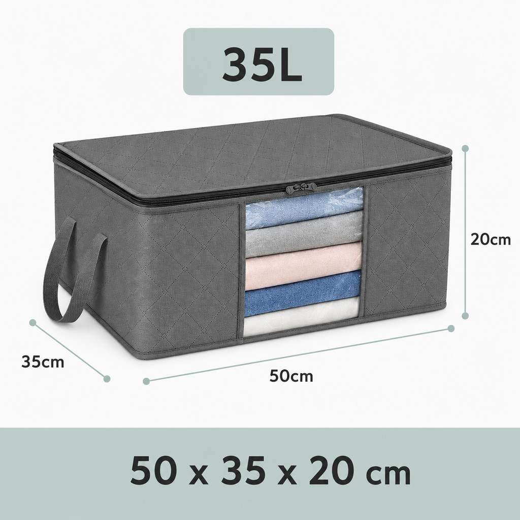 Gray storage bag with dimensions and capacity label on a white background