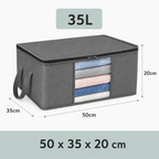 Gray storage bag with dimensions and capacity label on a white background