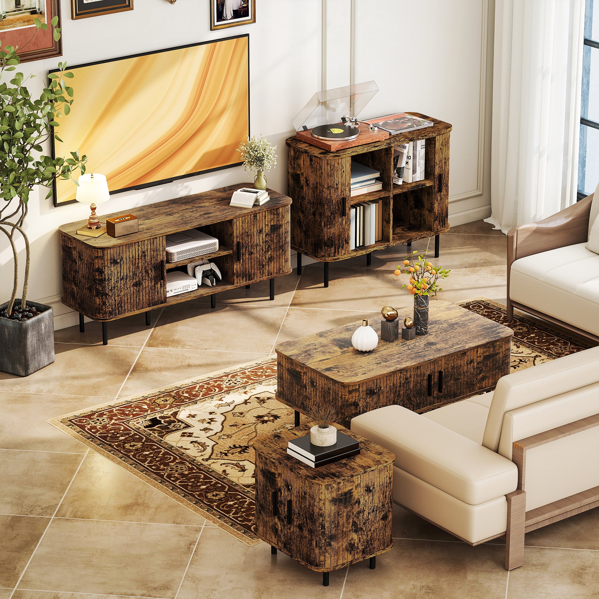 TV Stand Cabinet for TVs up to 55 Inches, TV Unit with Storage Shelves and Cupboard for Living Room, Rustic Brown