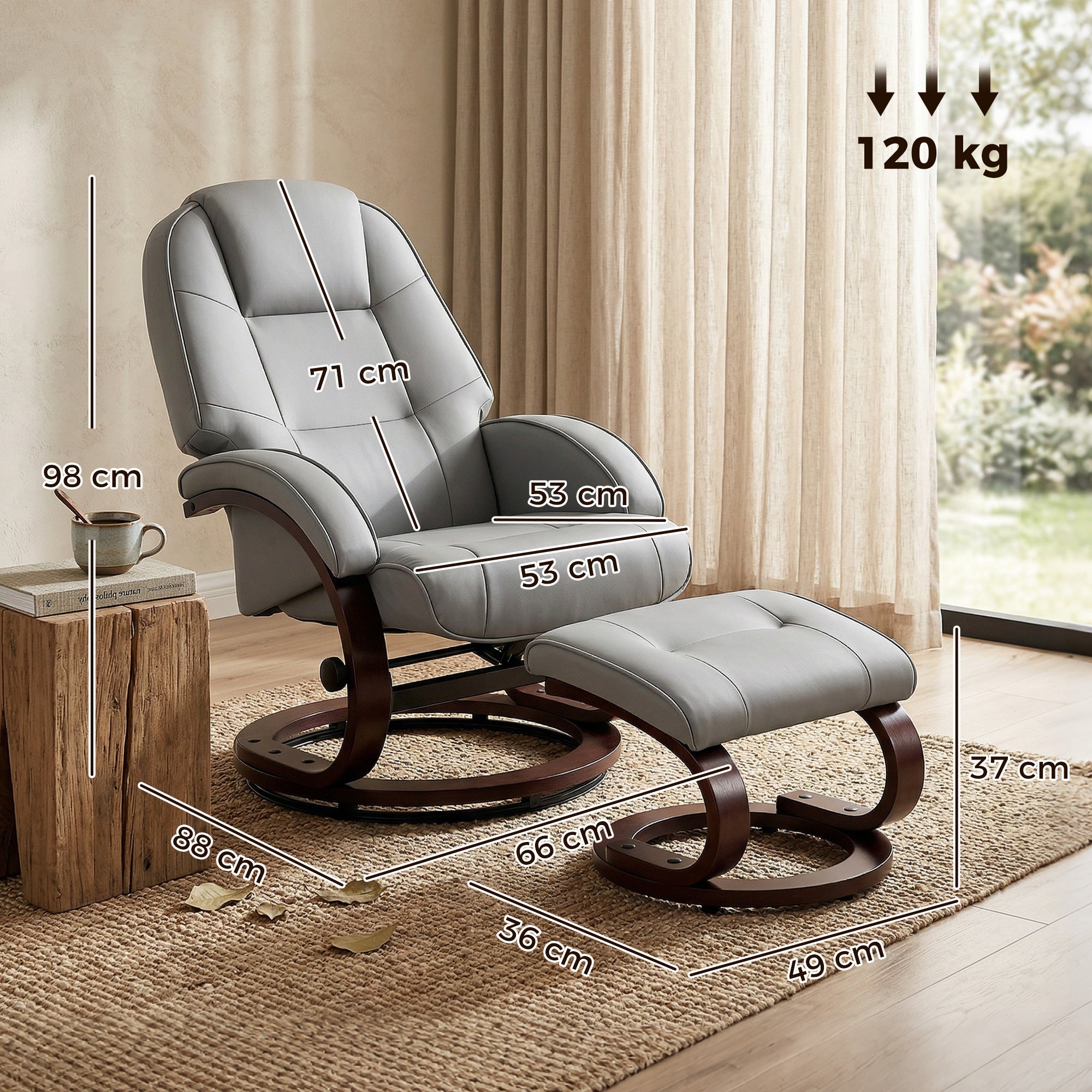Swivel Recliner Chair with Footstool, PU Leather Recliner Armchair with Adjustable Back and Wood Frame, Grey