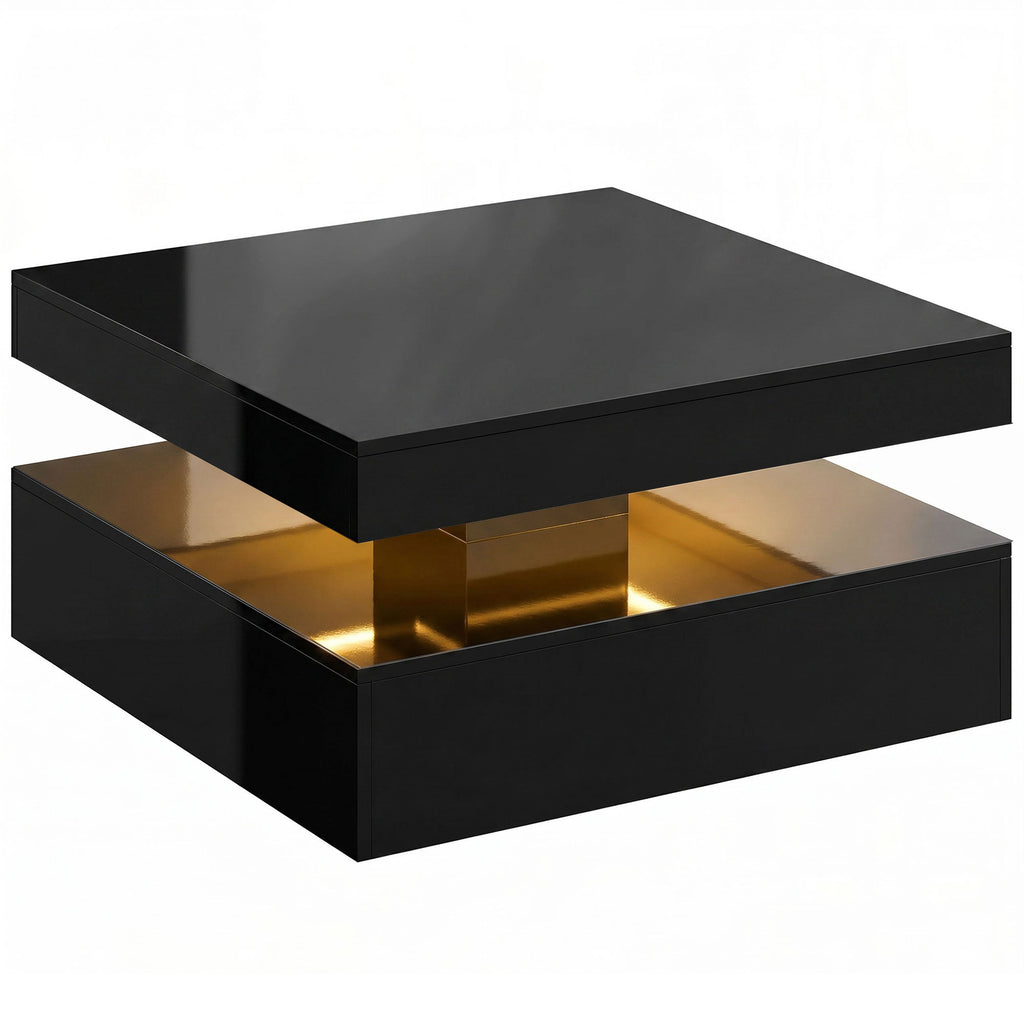LED Coffee Table with Storage, 2-Tier Modern Centre Table with Open Shelf and Remote for Living Room, High Gloss Black