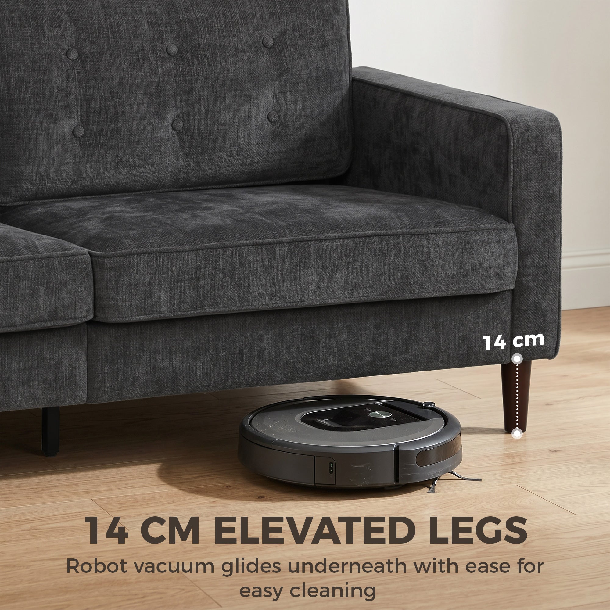 3 Seater Sofa Button Tufted Upholstered Couch with Wood Legs for Living Room, Dark Grey