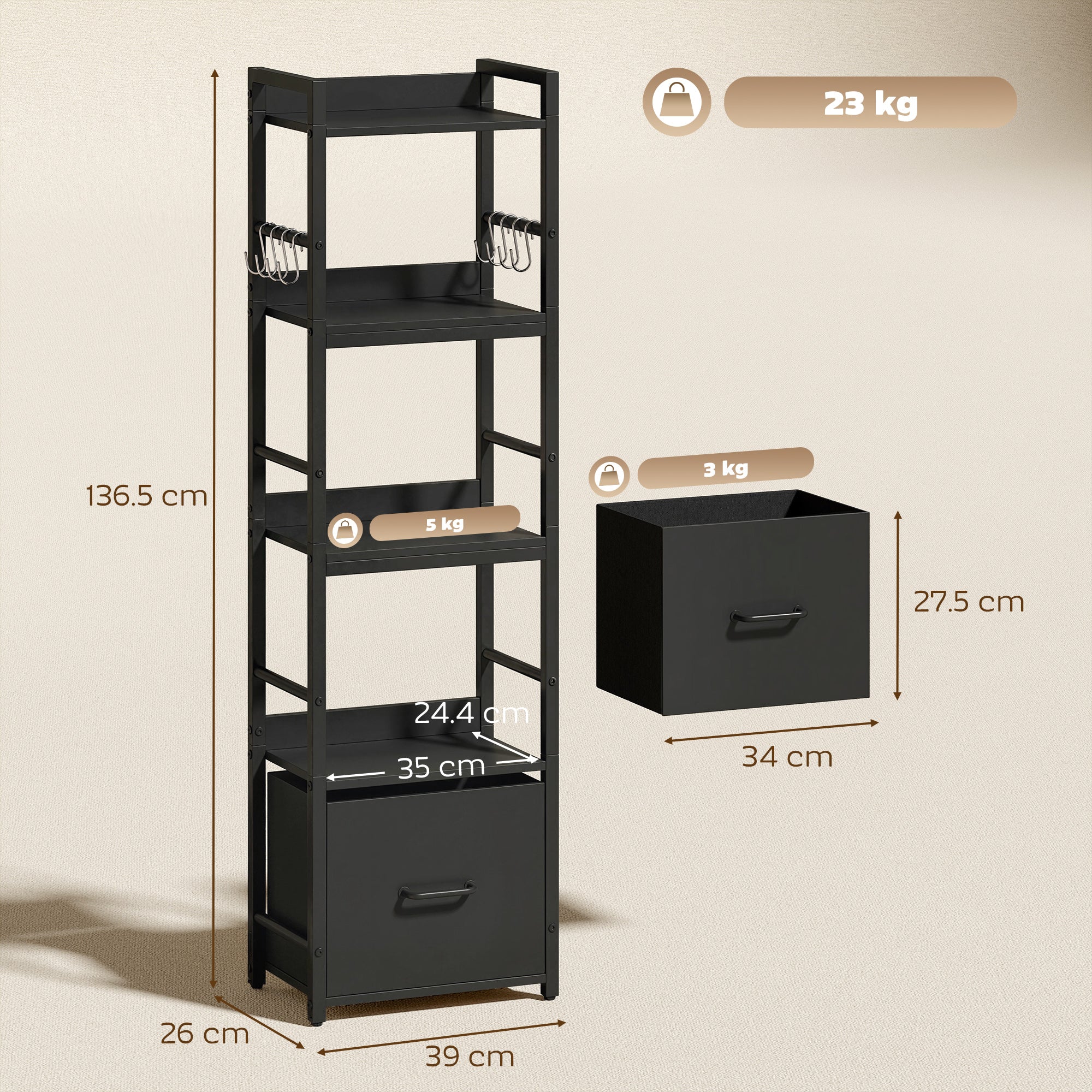 4-Tier Bookshelf, Narrow Bookcase with Drawer, 8 Hooks, Metal Frame, Black