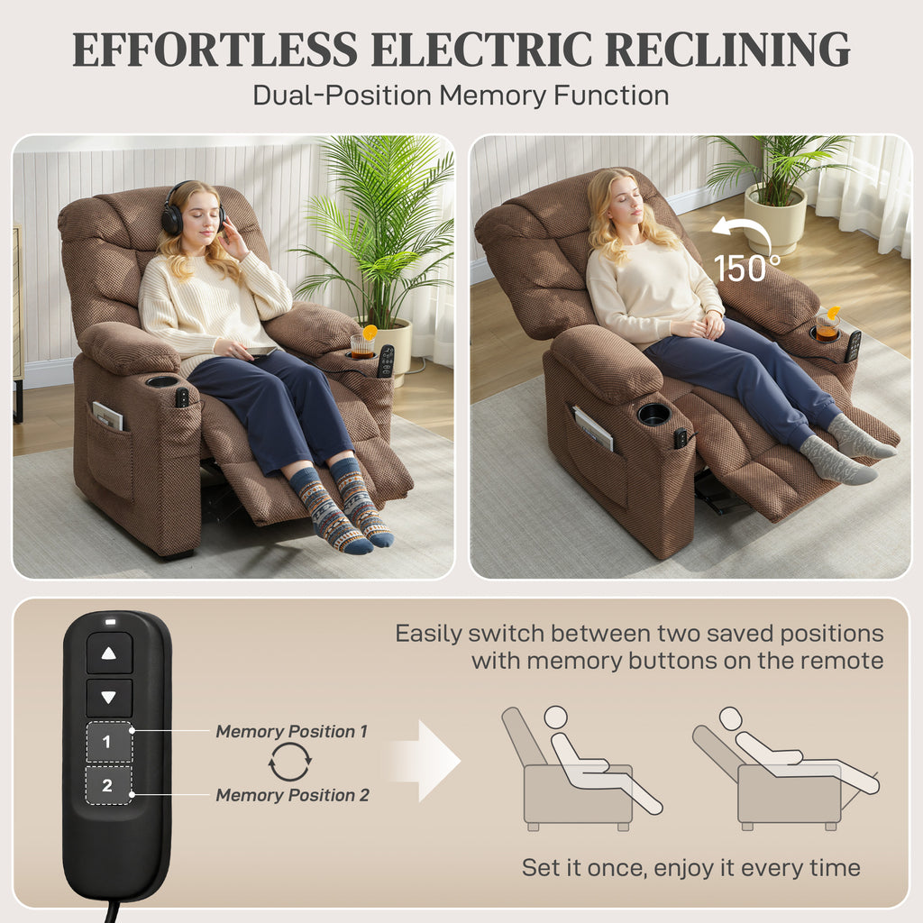 Electric Massage Recliner Armchair with Vibration, Heat, Whisper-Quiet Motor, Memory Function, Fleece Power Reclining Chair with Spring Pack, USB Port, Footrest, Side Pocket, Brown