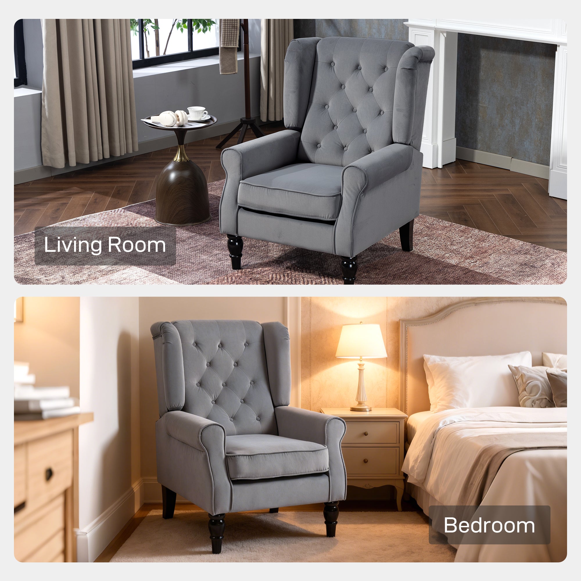 Wingback Accent Chair, Retro Upholstered Button Tufted Occasional Chair for Living Room and Bedroom, Light Grey