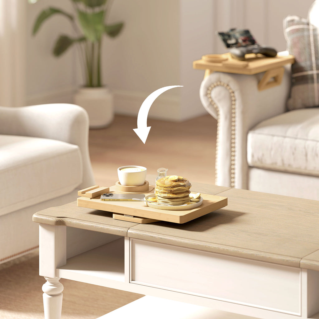 Anti-Slip Sofa Armrest Tray, Bamboo Sofa Arm Tray with 360Â° Phone Holder and Removable Cup Holder, Natural