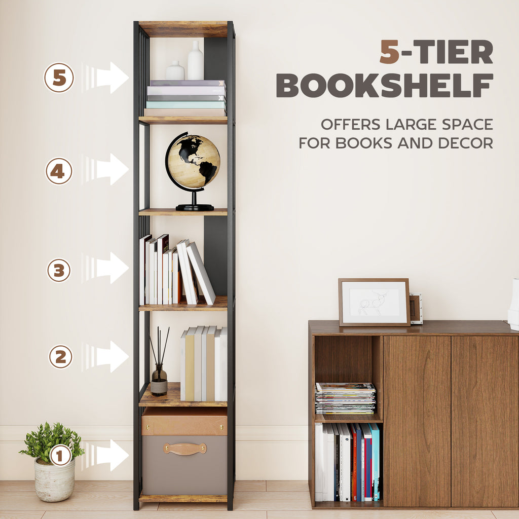 5-Tier Bookshelf with Steel Frame - Rustic Brown