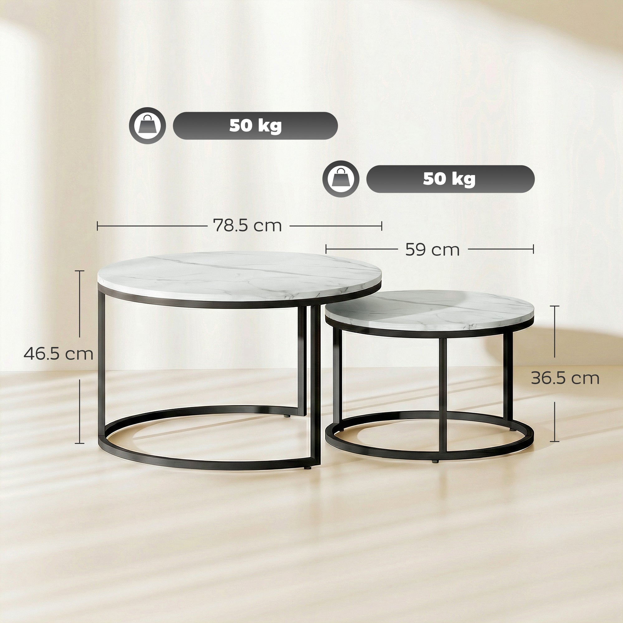 Set of Two Marble-Effect Stacking Tables - White