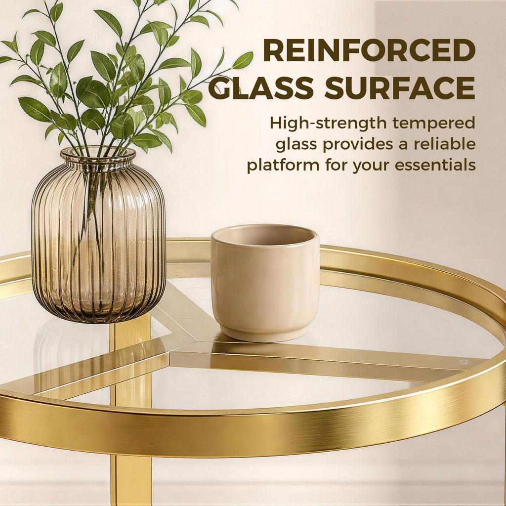 Round Side Table with Tempered Glass Top and Geometric Metal Frame for Small Space, Gold Tone