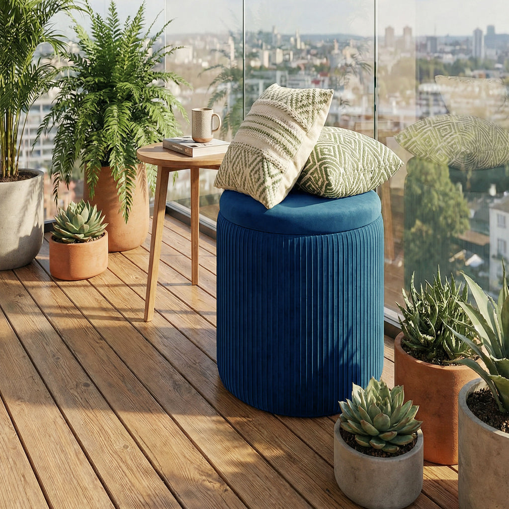 Storage Ottoman Modern Velvet Round Foot Stool for Living Room Bedroom 45 cm Blue