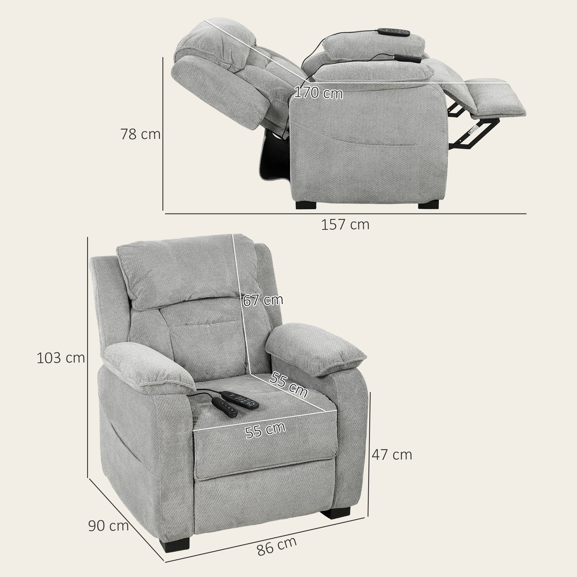 Power Recliner Armchair with Massage and Heat, Electric Reclining Chair with Wide Spring Seat, Light Grey