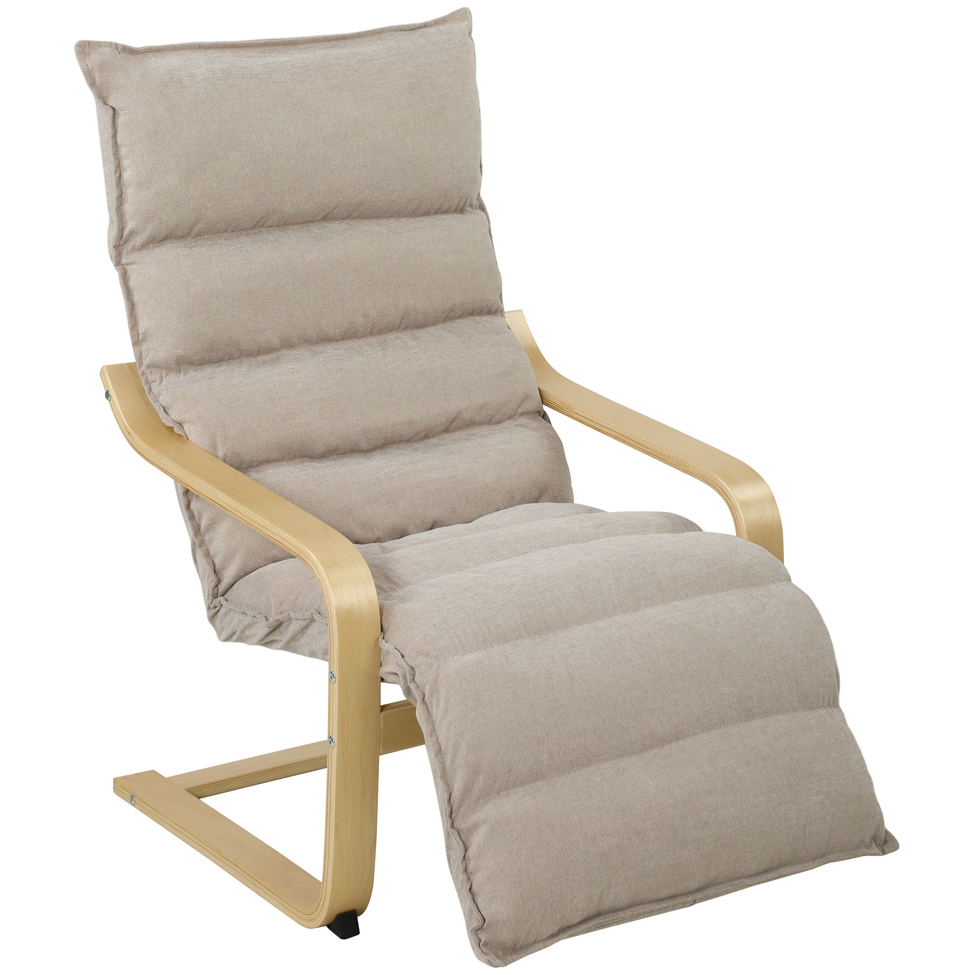 Curved Wooden Accent Chair, Armchair with Adjustable Footrest, Light Brown